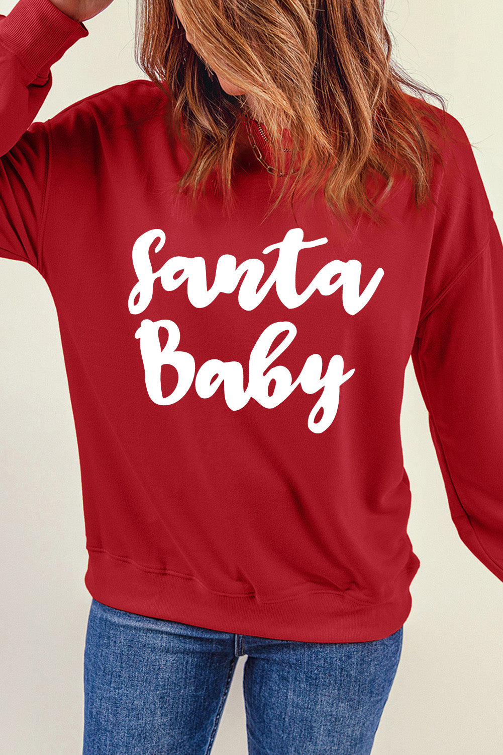 Red Santa Baby Print Crew Neck Pullover Graphic Sweatshirt