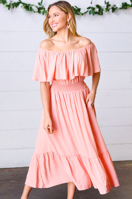 Coral off Shoulder Smocked Waist Ruffle Sleeve Midi Dress