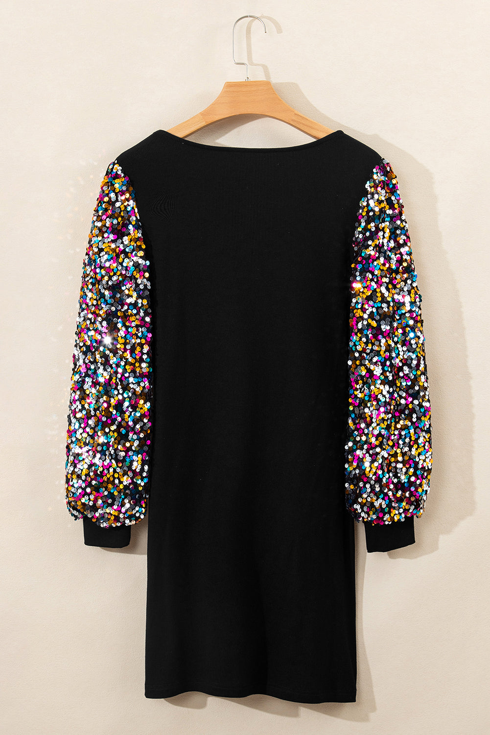 Black Sequin Bishop Sleeve U Neck Mini Sweater Dress