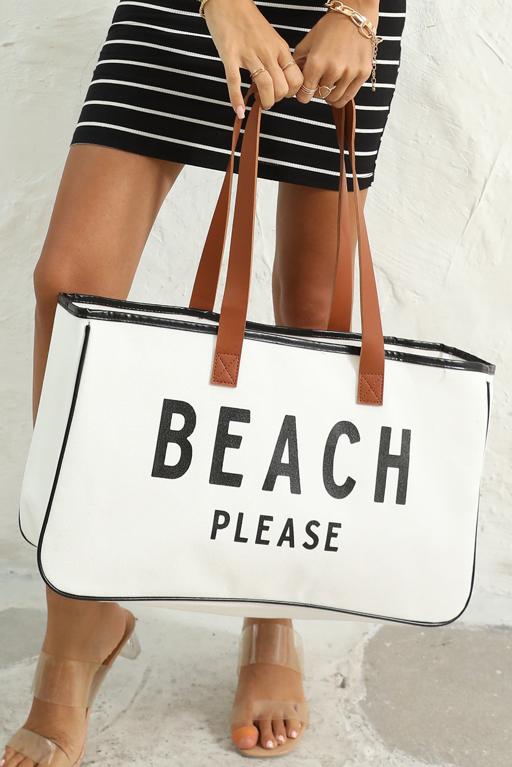 White BEACH PLEASE Print Large Canvas Tote Bag