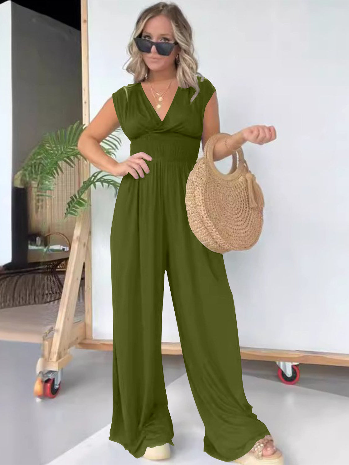 Smocked Cap Sleeve Wide Leg Jumpsuit