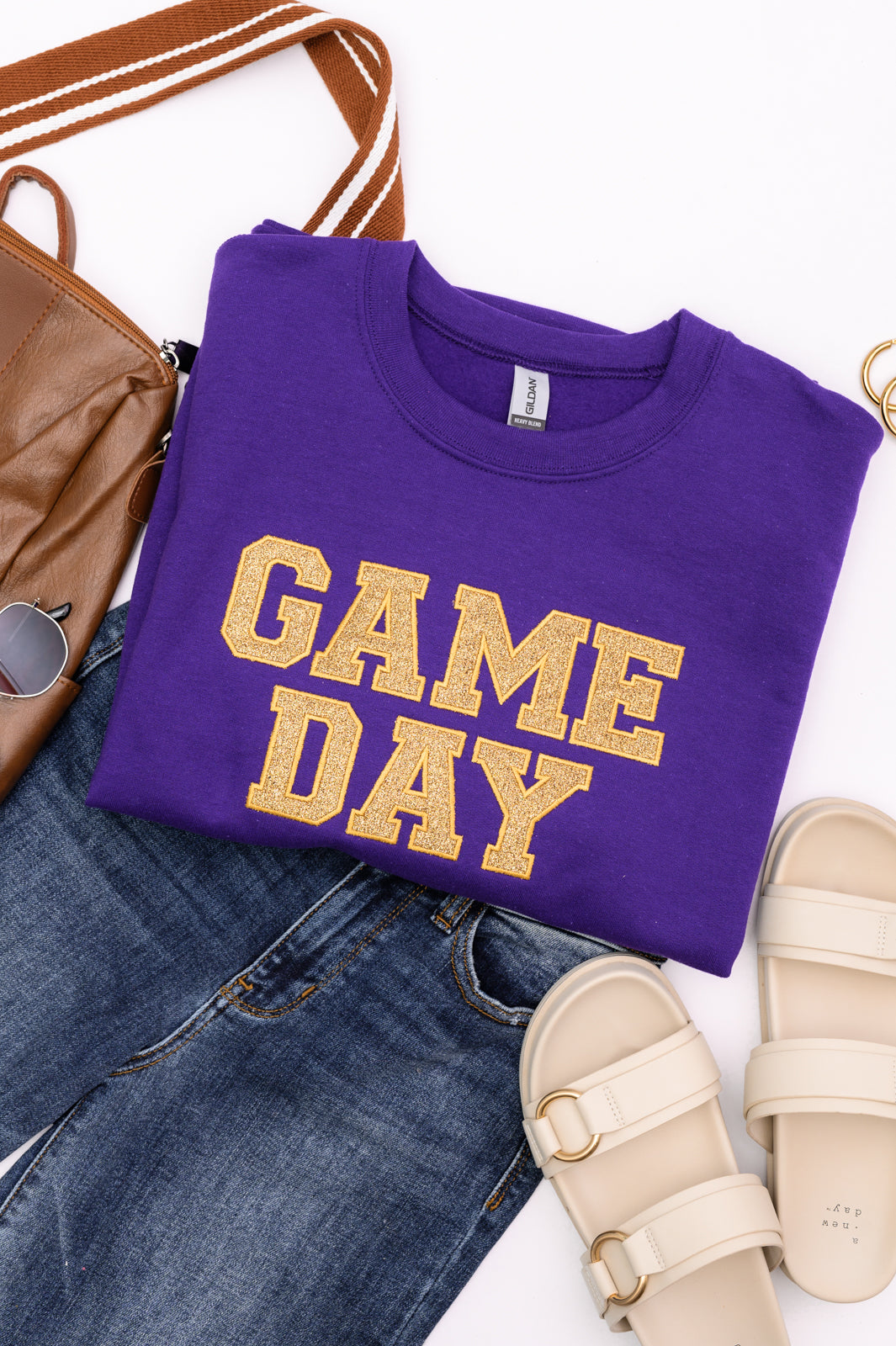 PREORDER: Embroidered Glitter Game Day Sweatshirt in Purple/Old Gold