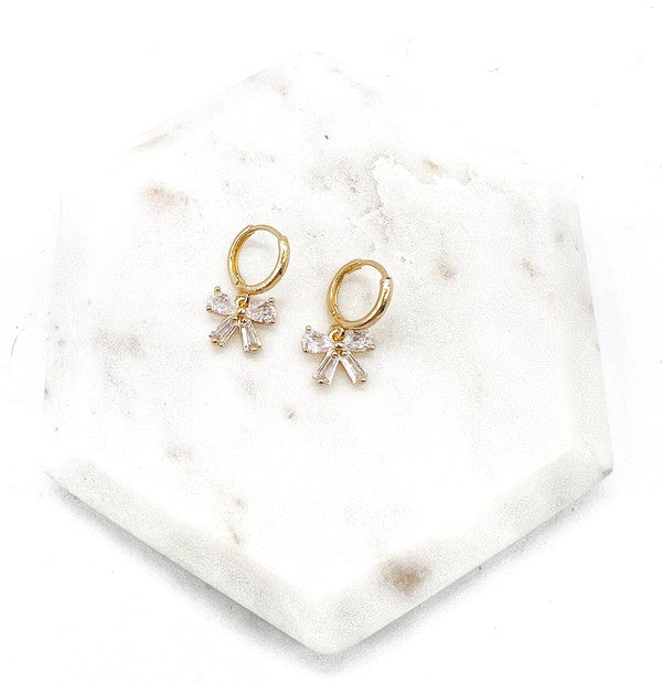 Bow CZ Gold Huggie Hoop Earrings