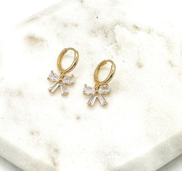 Bow CZ Gold Huggie Hoop Earrings