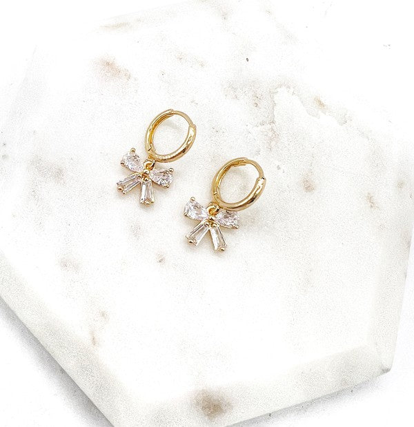 Bow CZ Gold Huggie Hoop Earrings