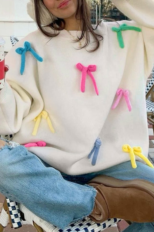 Beige Colorful Bow Knot Decor Crewneck Oversized Sweater