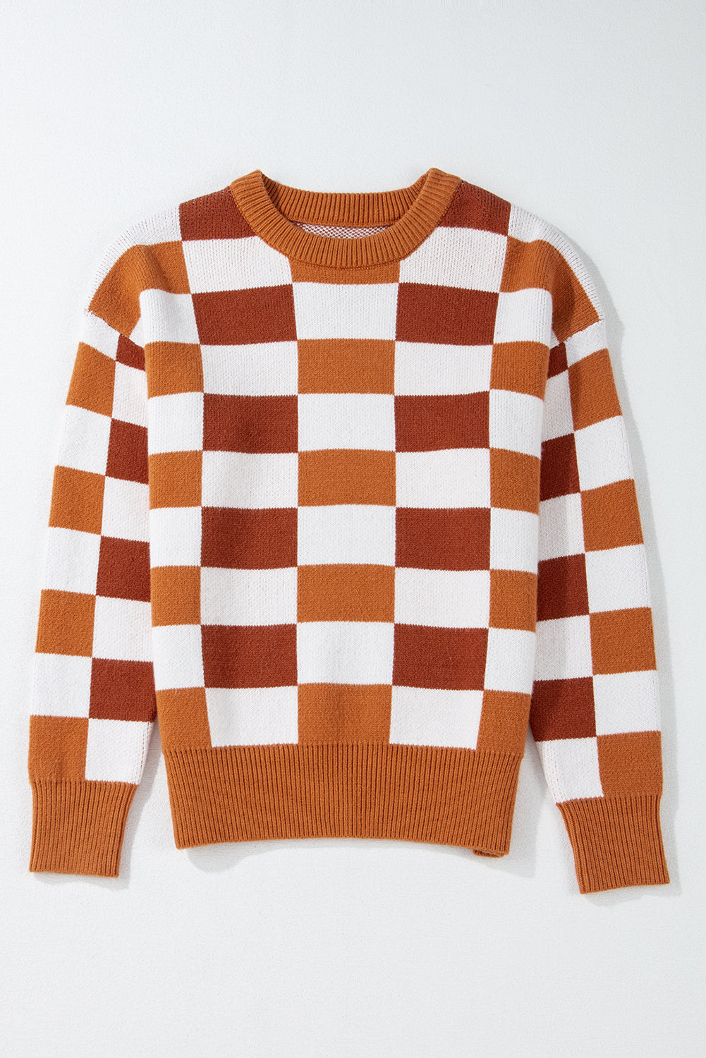 Orange Checkered Ribbed Edge O Neck Drop Shoulder Sweater