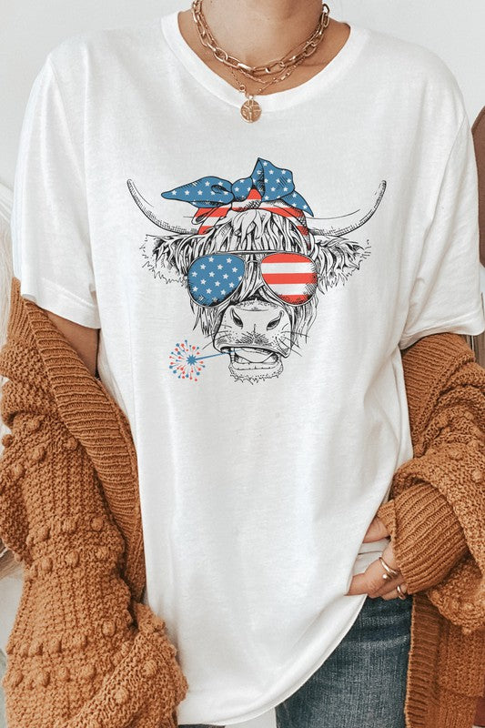 Patriotic Highland Cow American Flag Graphic Tee