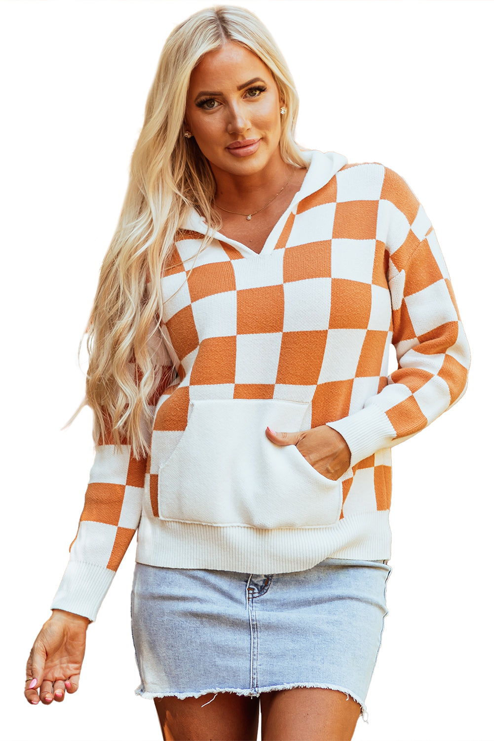 Gold Flame Checkered Split Neck Contrast Kangaroo Pocket Hooded Sweater