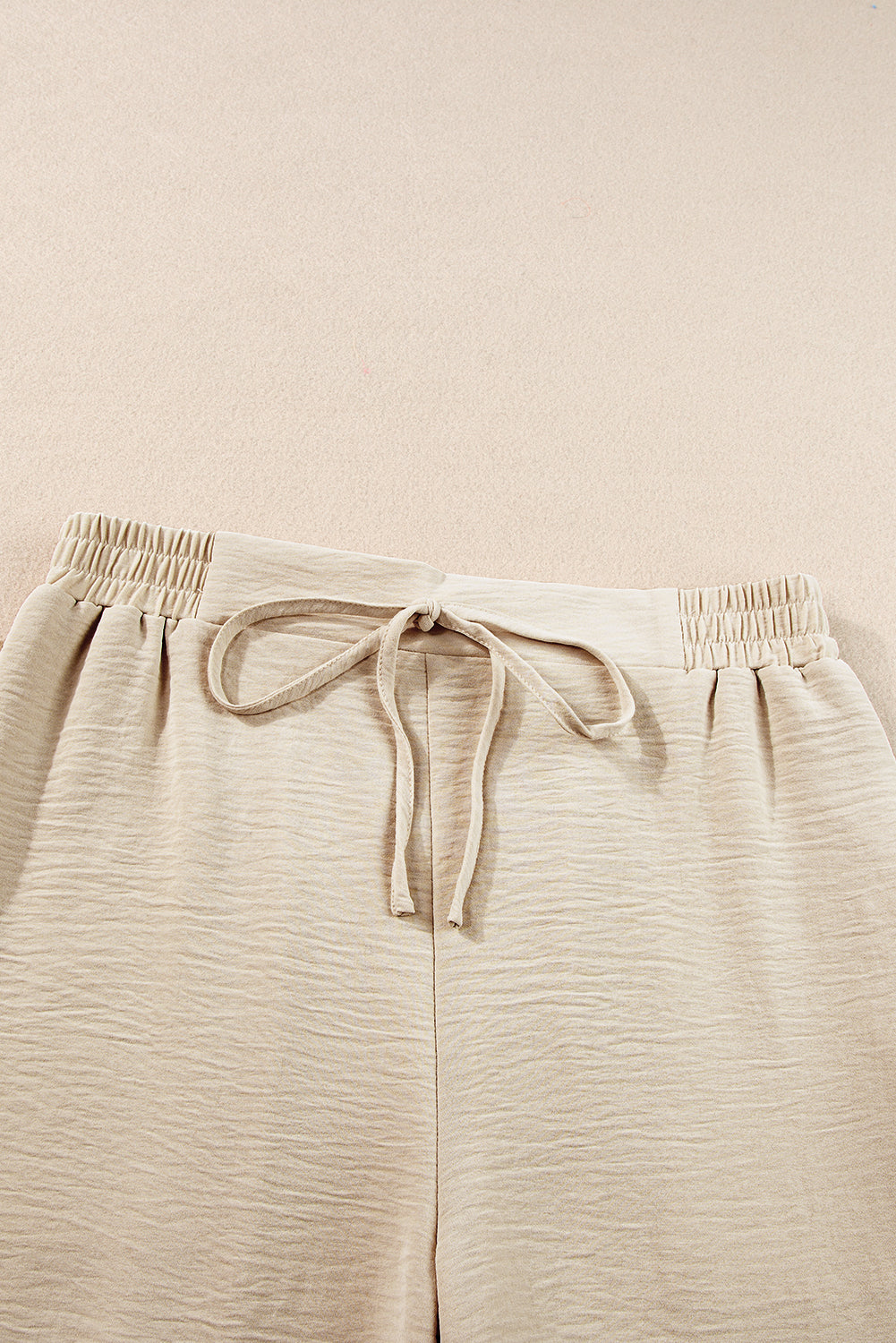 Beige Crinkled Elastic Hem Crop Tee and Wide Leg Pants Set