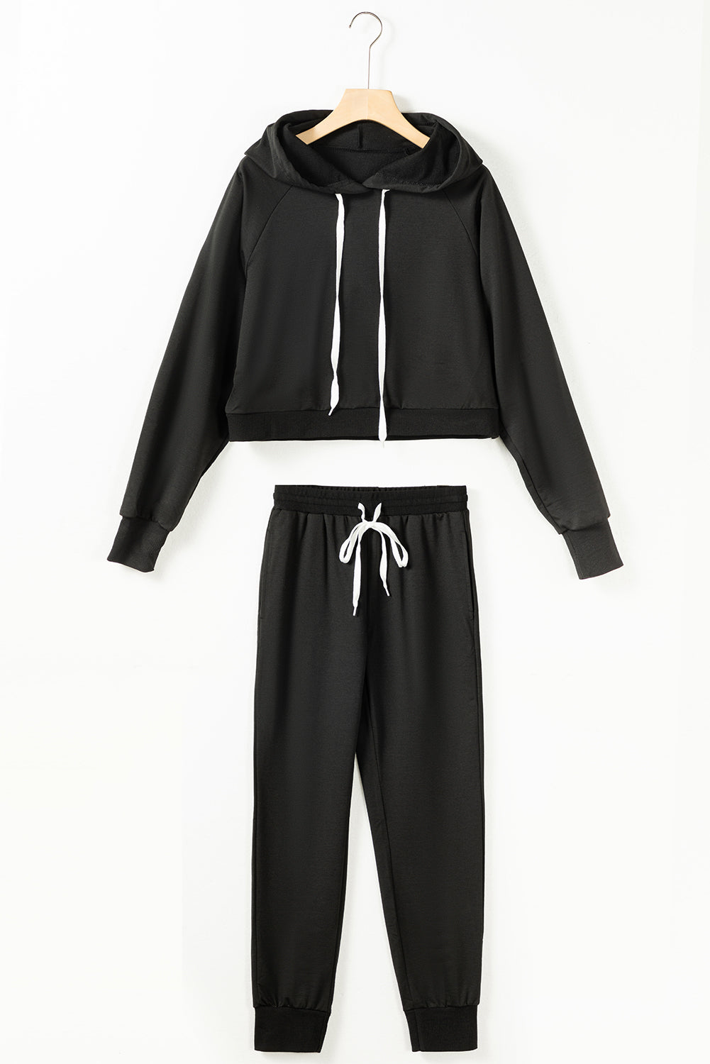 Black Drawstring Hoodie and High Waist Pants Lounge Set