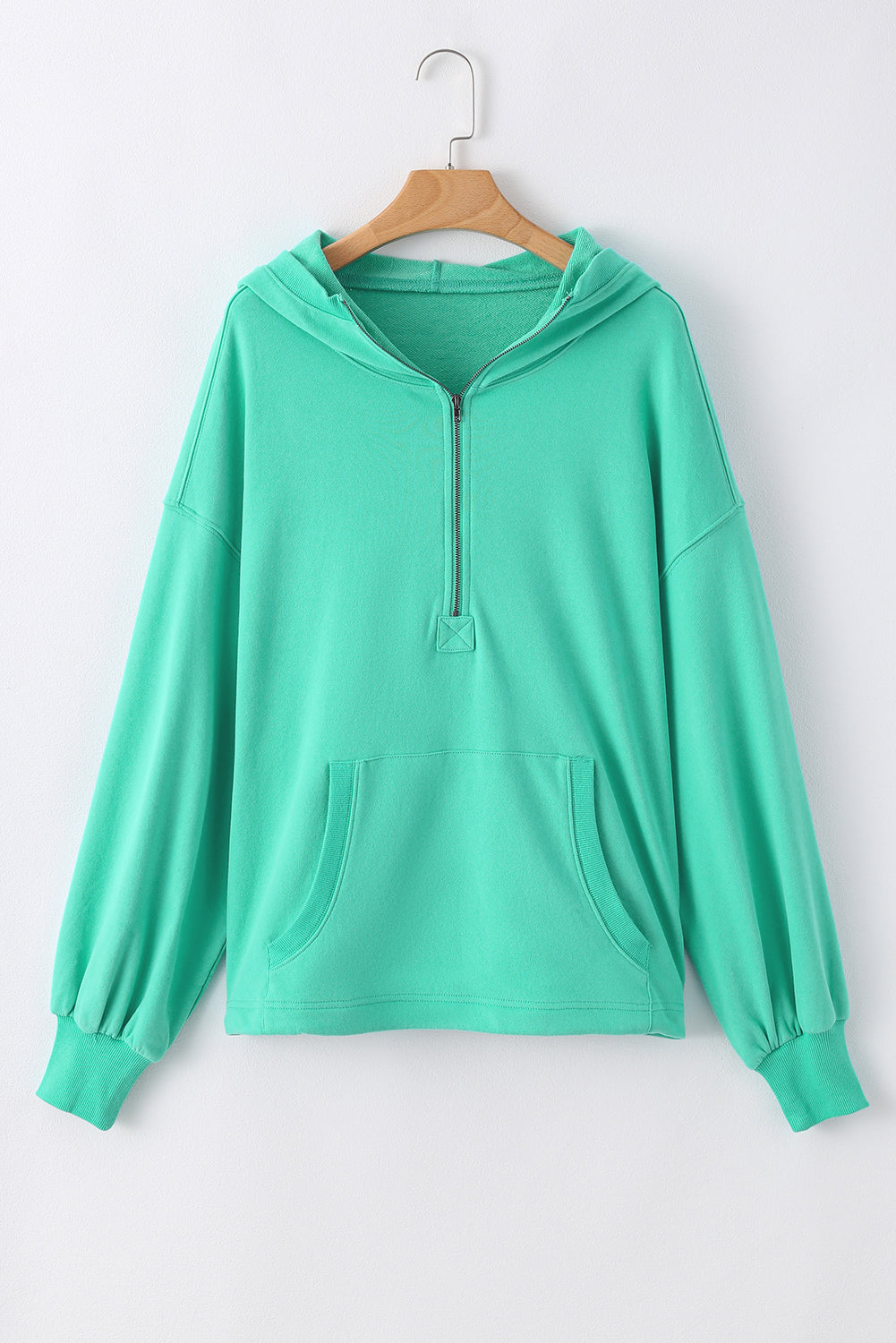 Aruba Blue Solid Kangaroo Pocket Half Zipper Oversized Hoodie