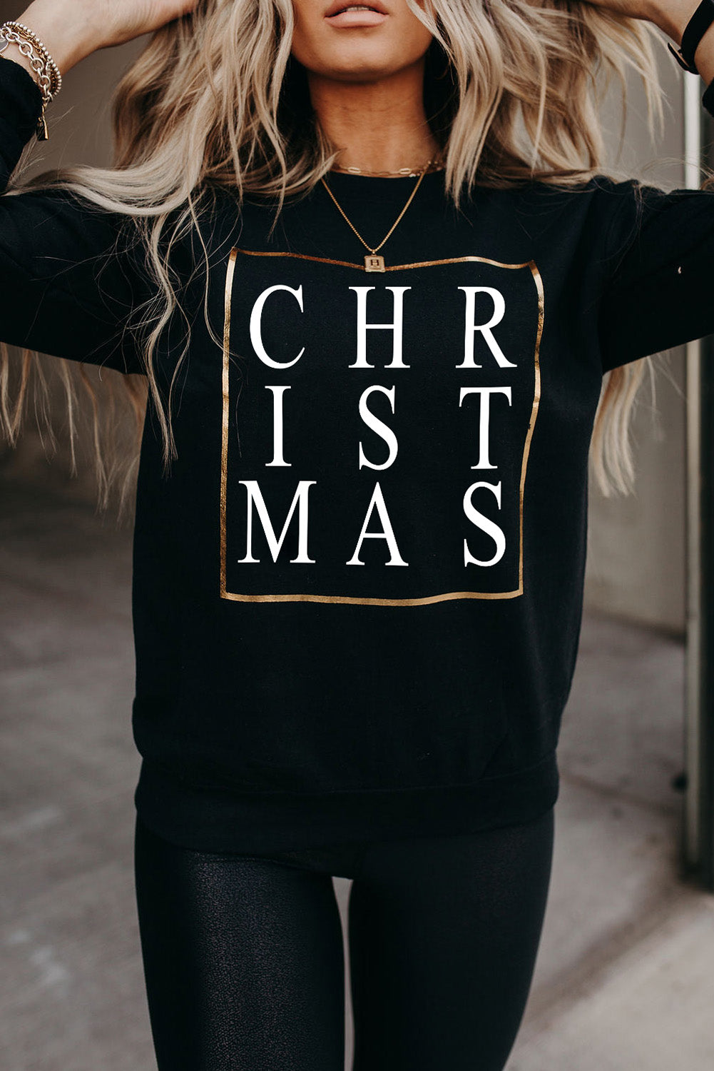 Black CHRISTMAS Glitter Print Crew Neck Graphic Sweatshirt