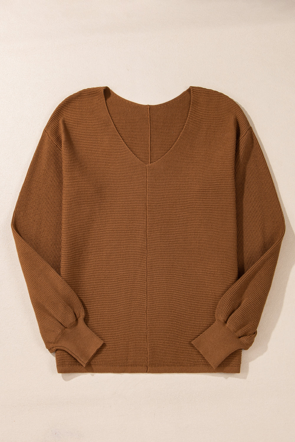 Camel Ribbed Knit Drop Sleeve V Neck Loose Fit Sweater