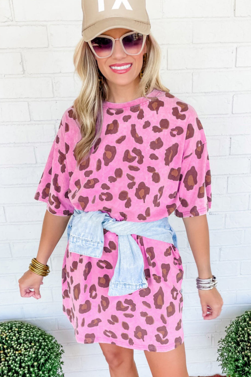 Pink Leopard Mineral Wash Side Pocket Shift Mini Dress