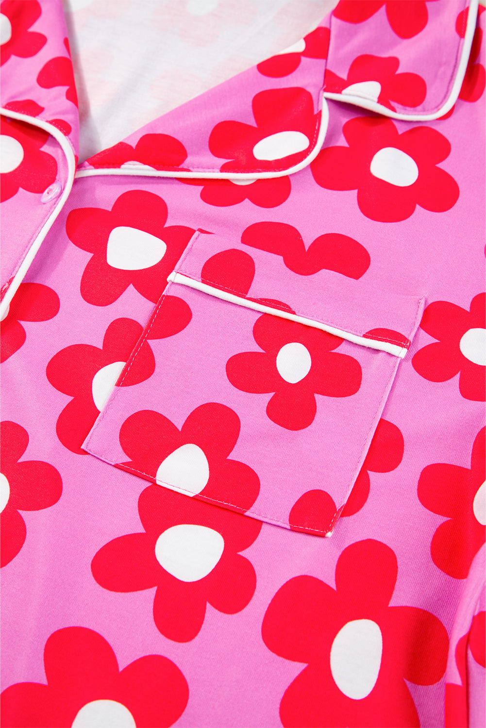 Pink Flower Print Short Sleeve Shirt Pajamas Set