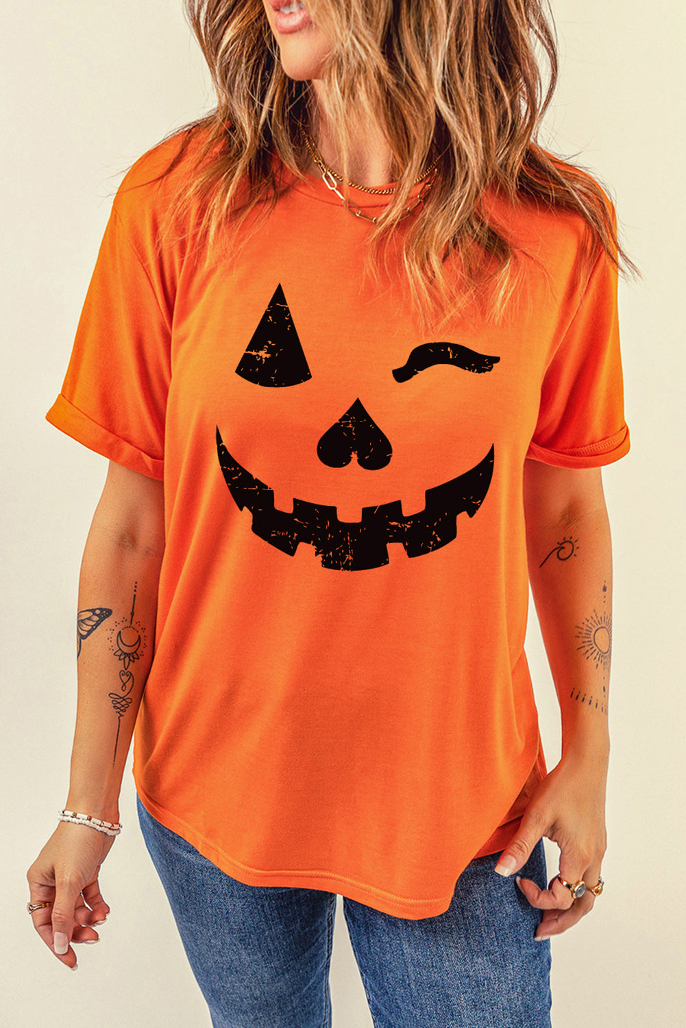 Orange Halloween Pumpkin Face Print Crew Neck T Shirt