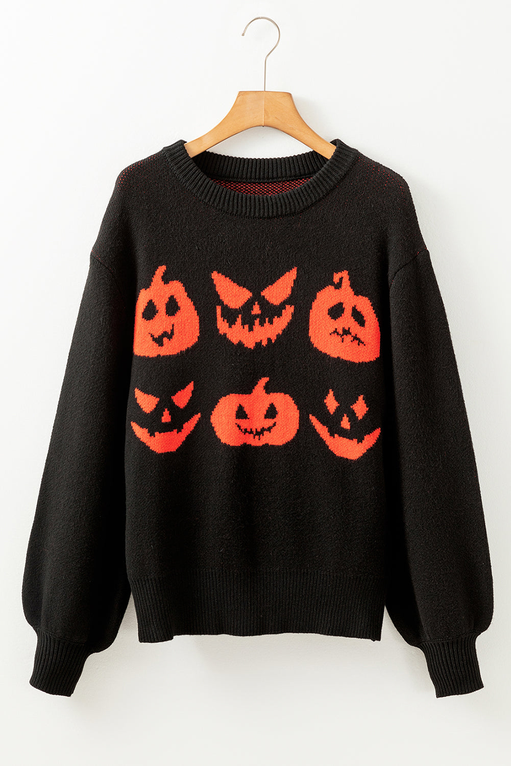 Black Halloween Pumpkin Face Pattern Drop Shoulder Sweater