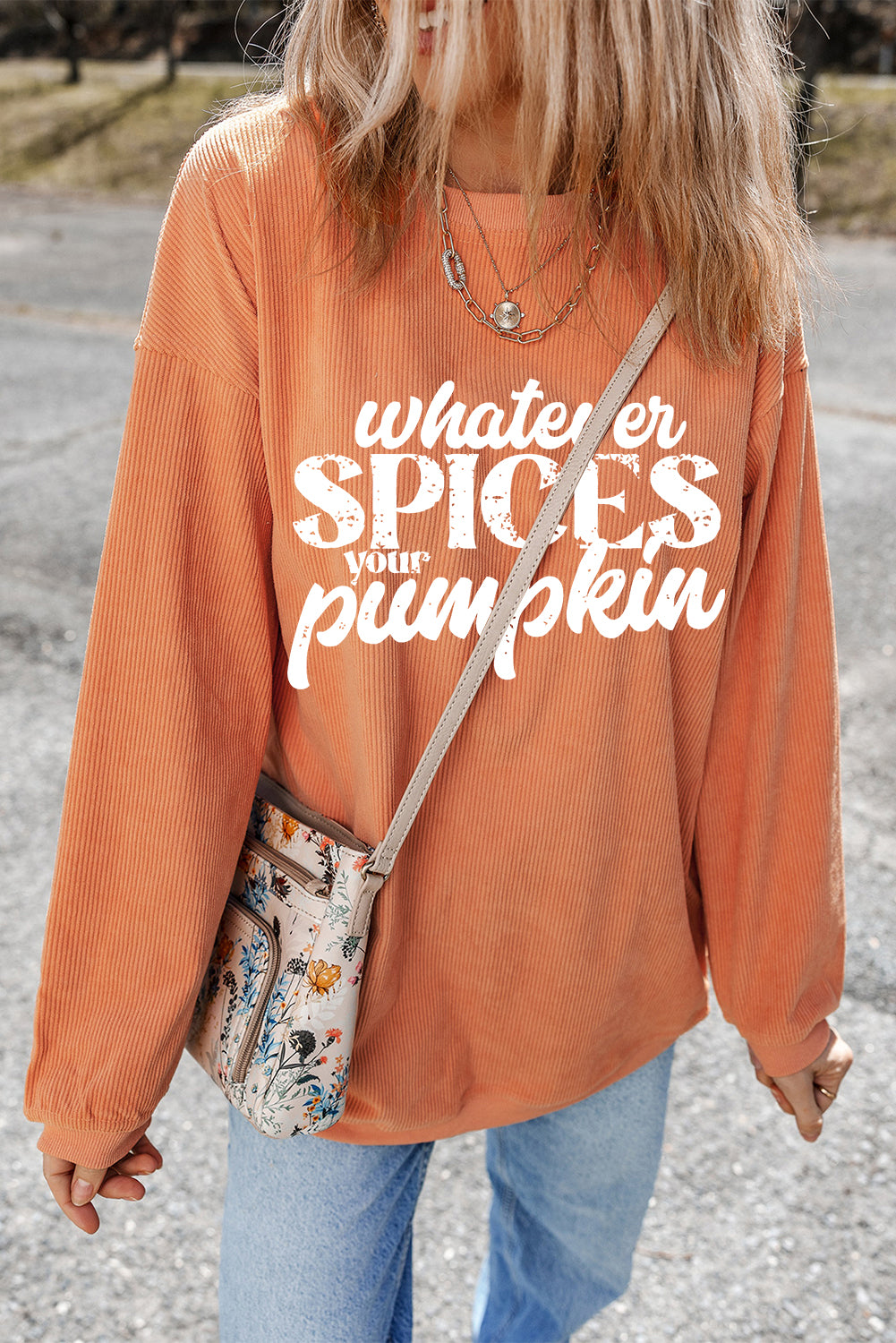 Orange Crinkle Rib Whatever Spices Your Pumpkin Graphic Sweatshirt