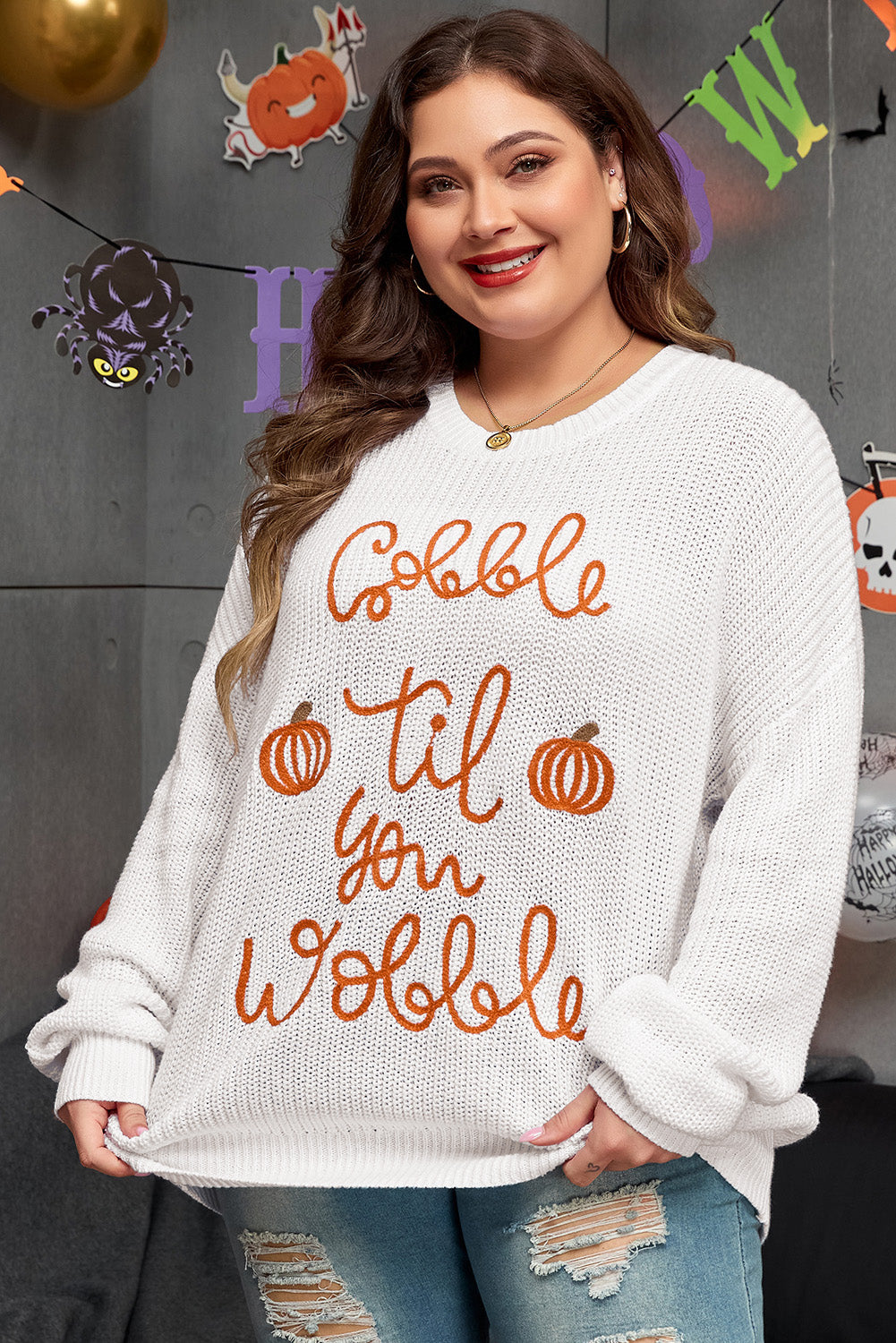 White Gobble Til You Wobble Pop Up Crochet Plus Size Sweater