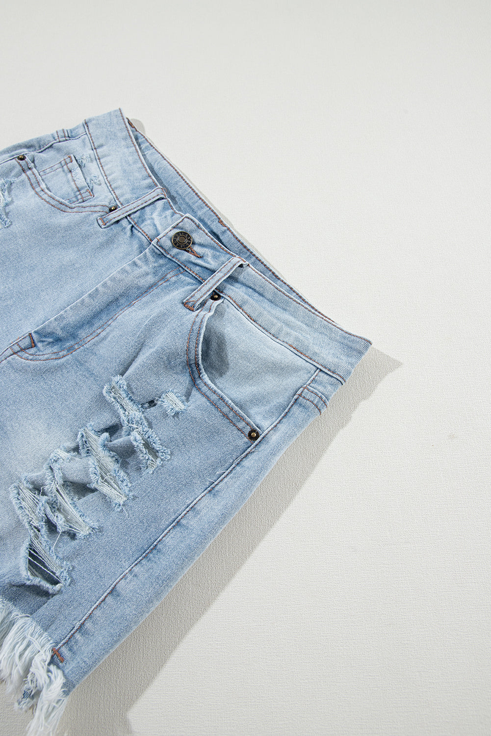 Light Blue Distressed Ripped Raw Hem High Waist Denim Shorts