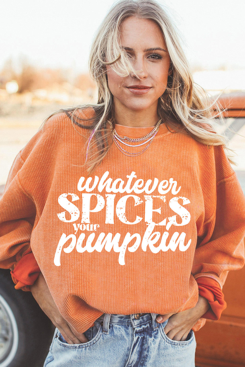 Orange Crinkle Rib Whatever Spices Your Pumpkin Graphic Sweatshirt