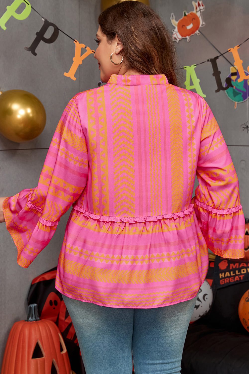 Vitality Orange Plus Size Geometric Embroidered Bell Sleeve Babydoll Blouse