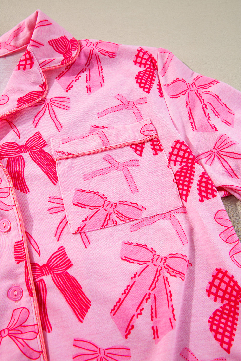 Pink Bow Knot Print Lapel Collar Short Sleeve and Pants Pajamas Set