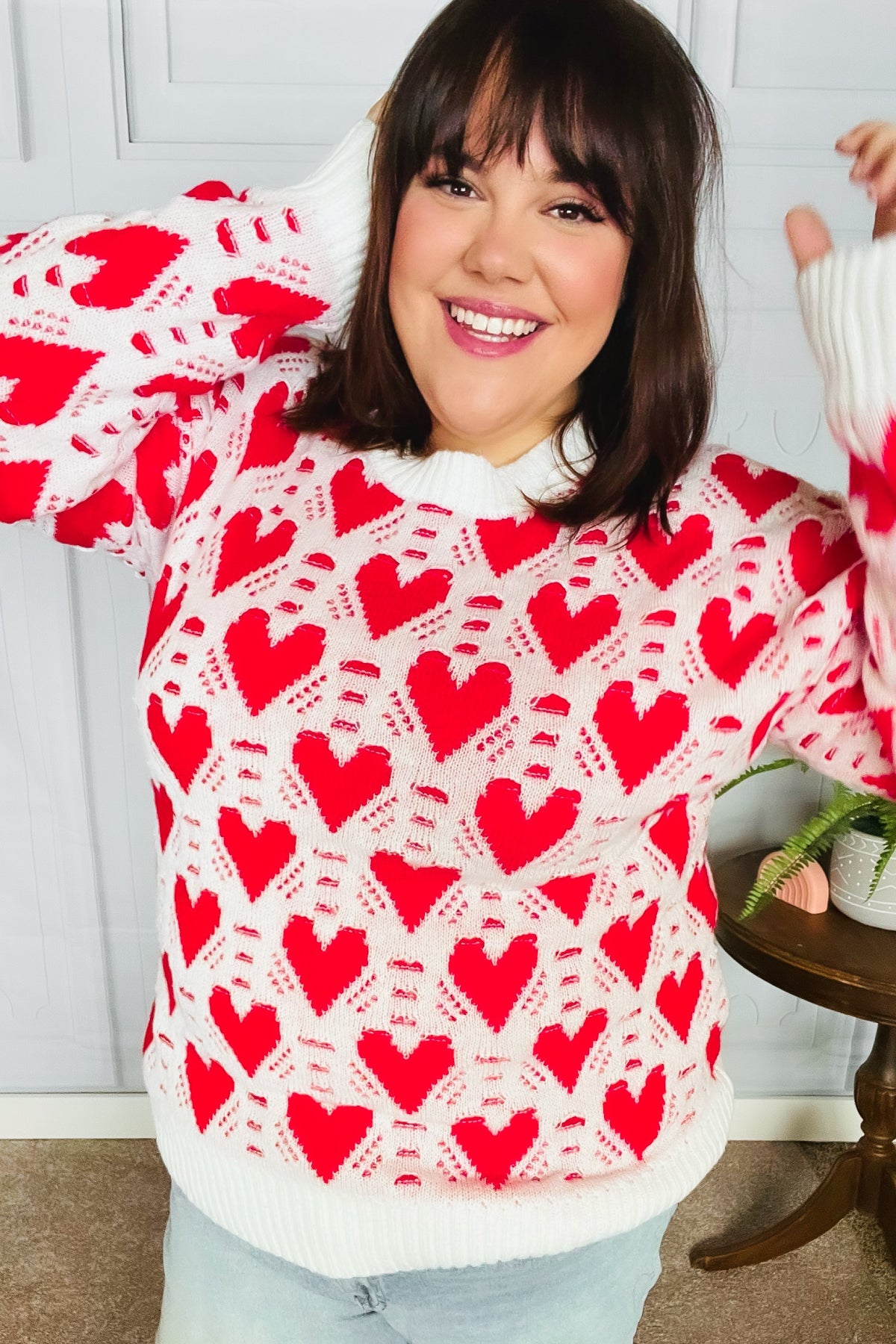 True Hearts Ivory & Red Heart Oversized Sweater