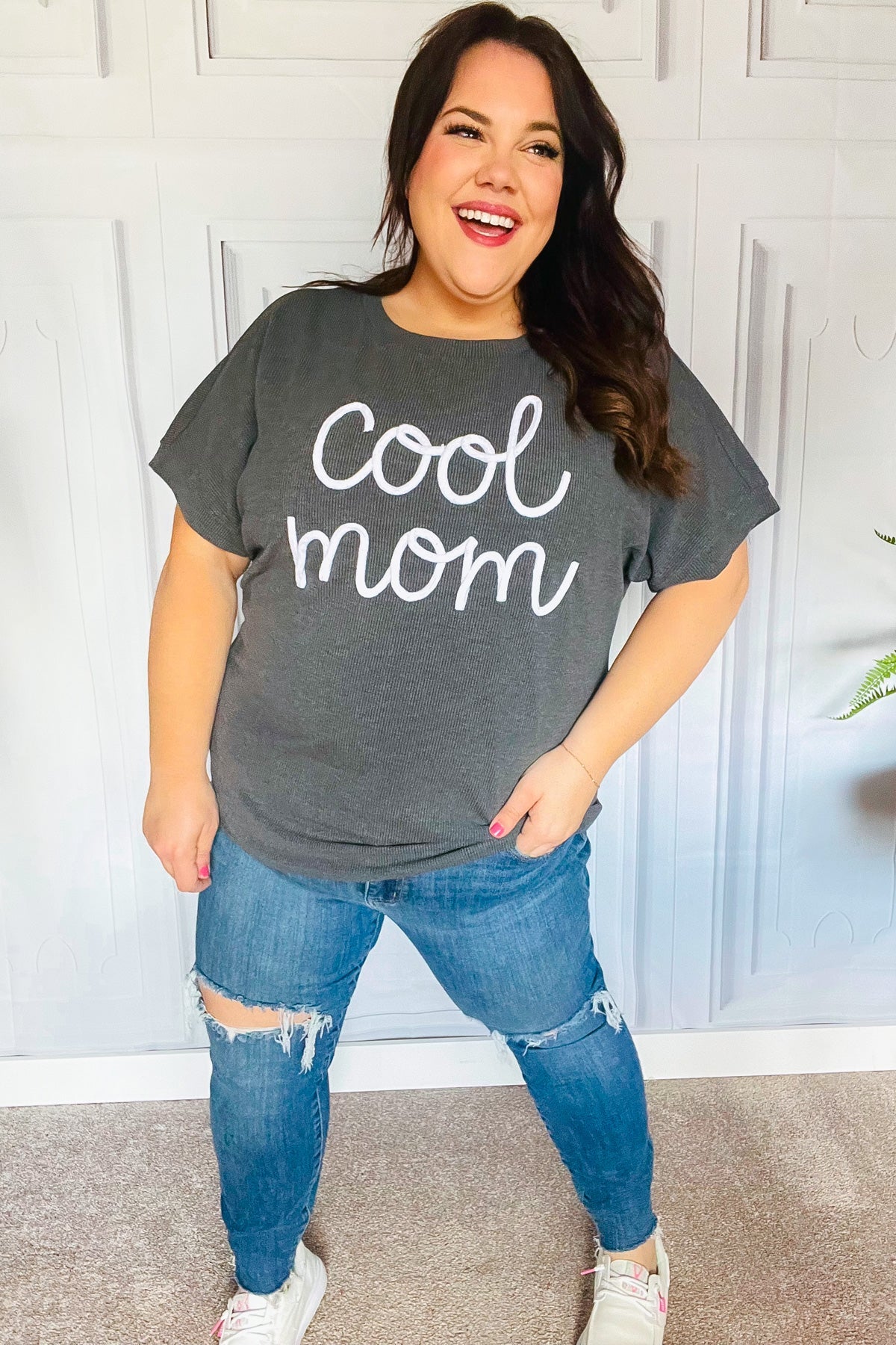 Take A Bow Charcoal "Cool Mom" Embroidery Pop-Up Rib Dolman Top