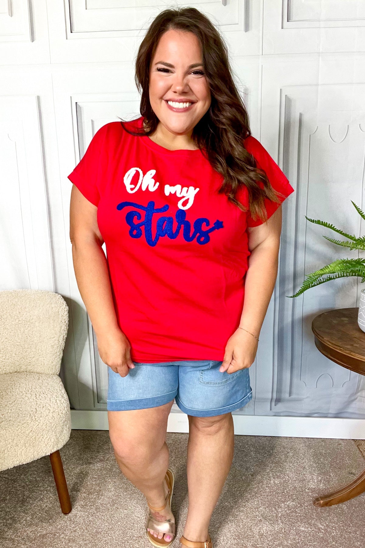 Oh My Stars Red Embroidered French Terry Dolman Top