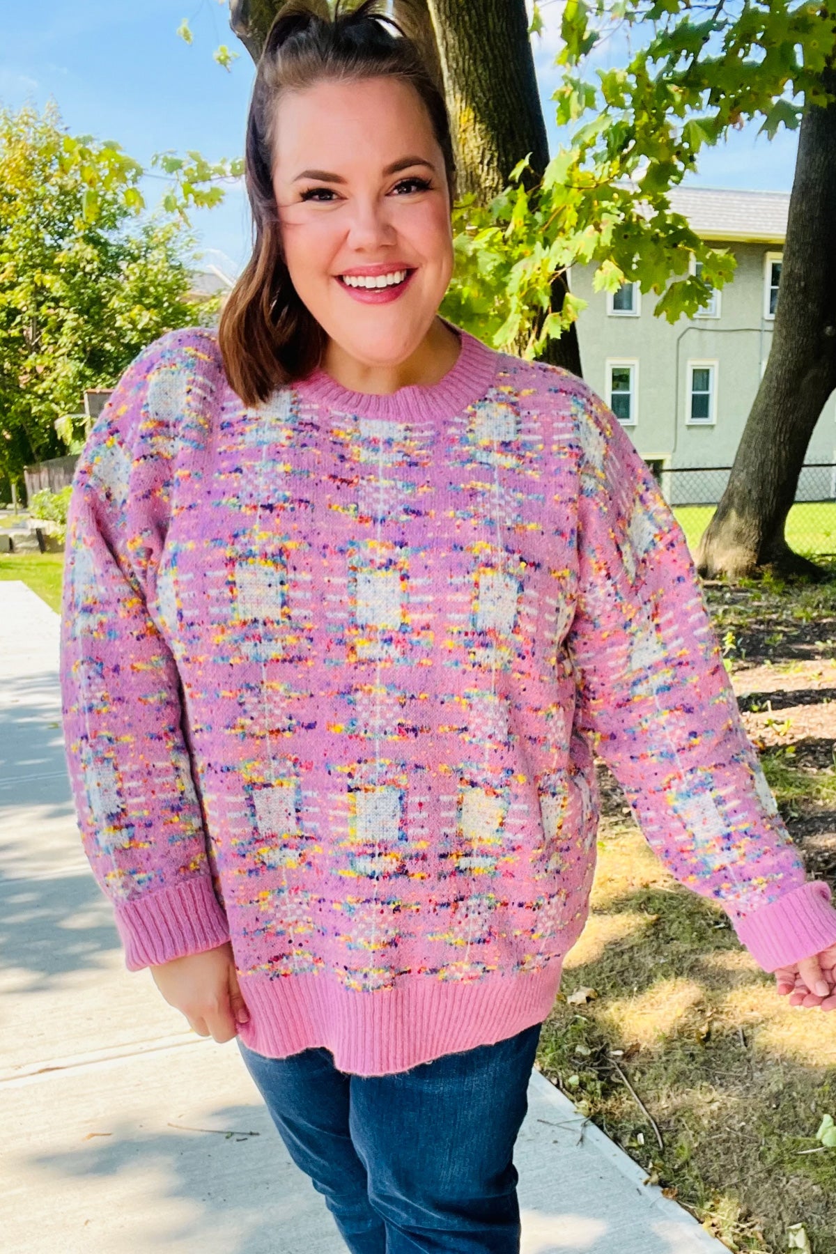 Adorable Pink Multicolor Popcorn Knit Sweater