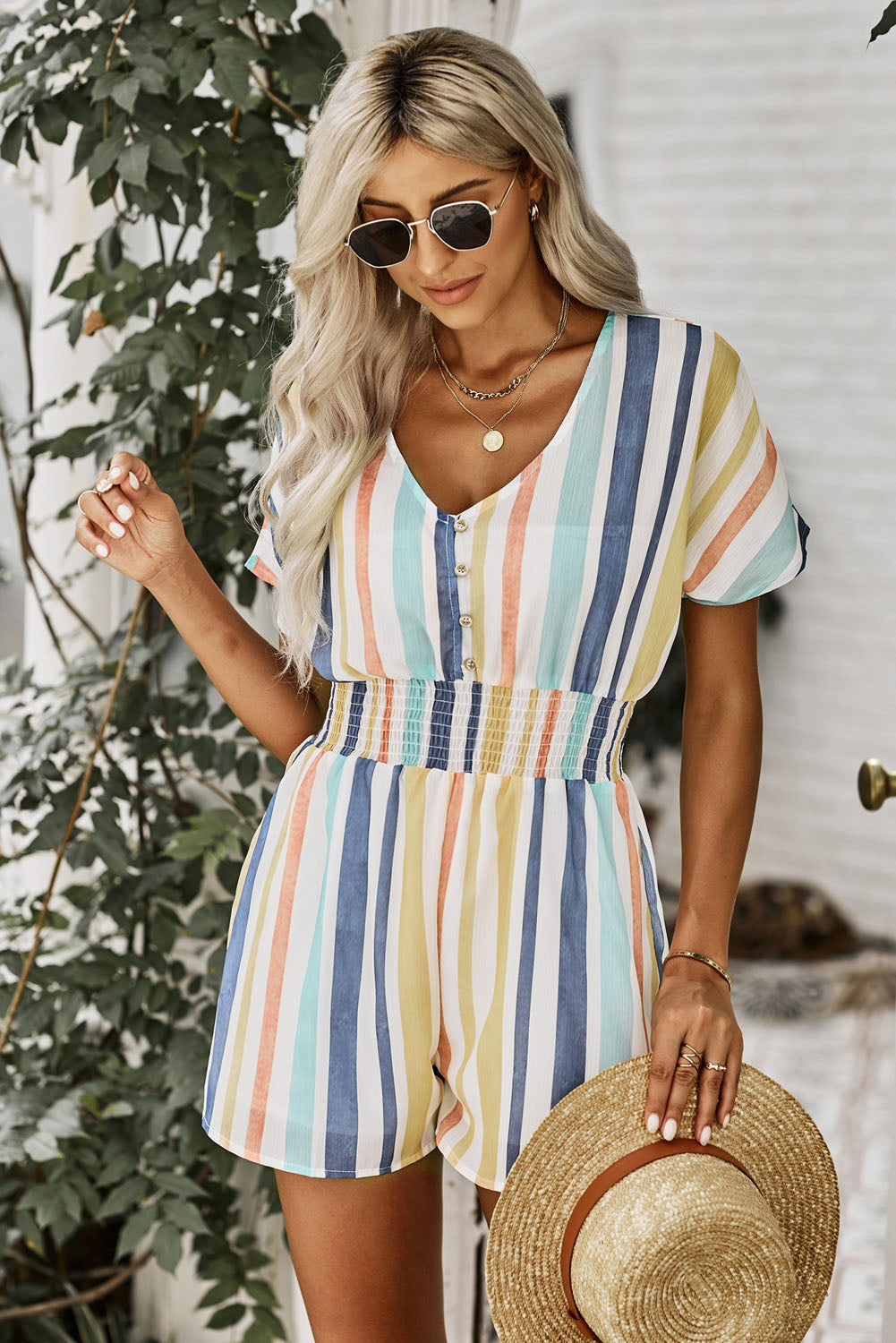 Multicolored Stripe V-Neck Smocked Waist Romper