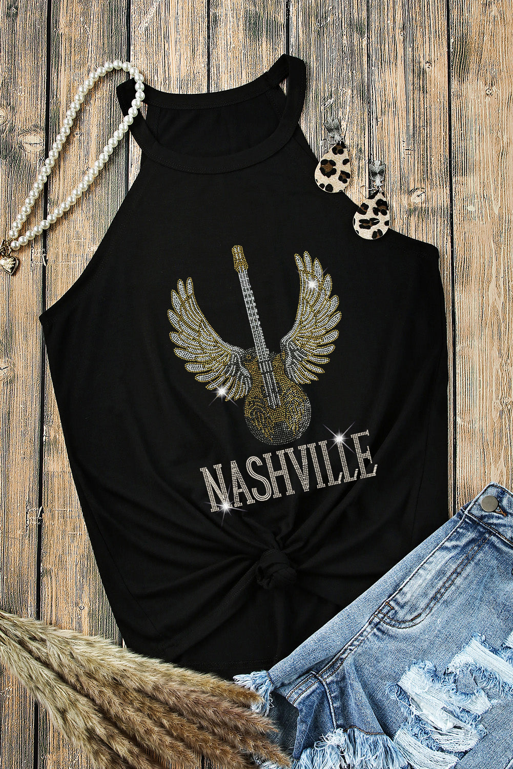 Black Rhinestone Guitar NASHVILLE Graphic Tank Top