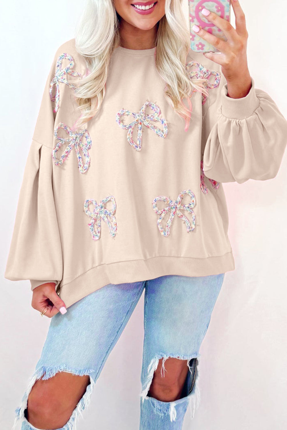 Parchment Embroidered Bow Lantern Sleeve Oversized Pullover Sweatshirt