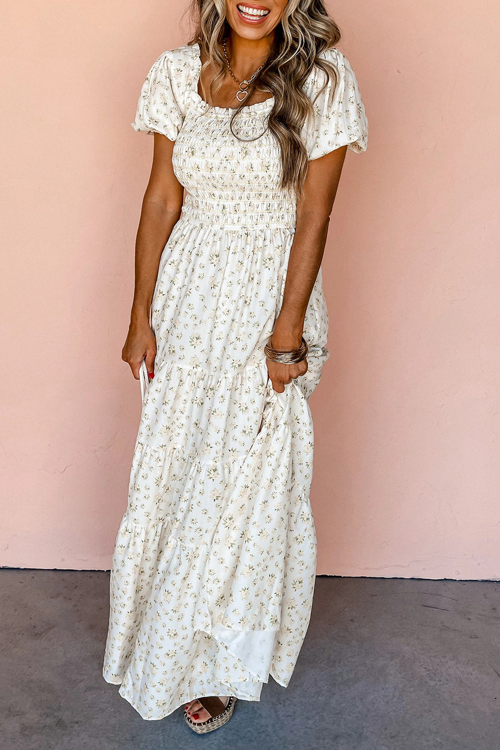 White Frilly Shirred Bodice Tiered Floral Maxi Dress