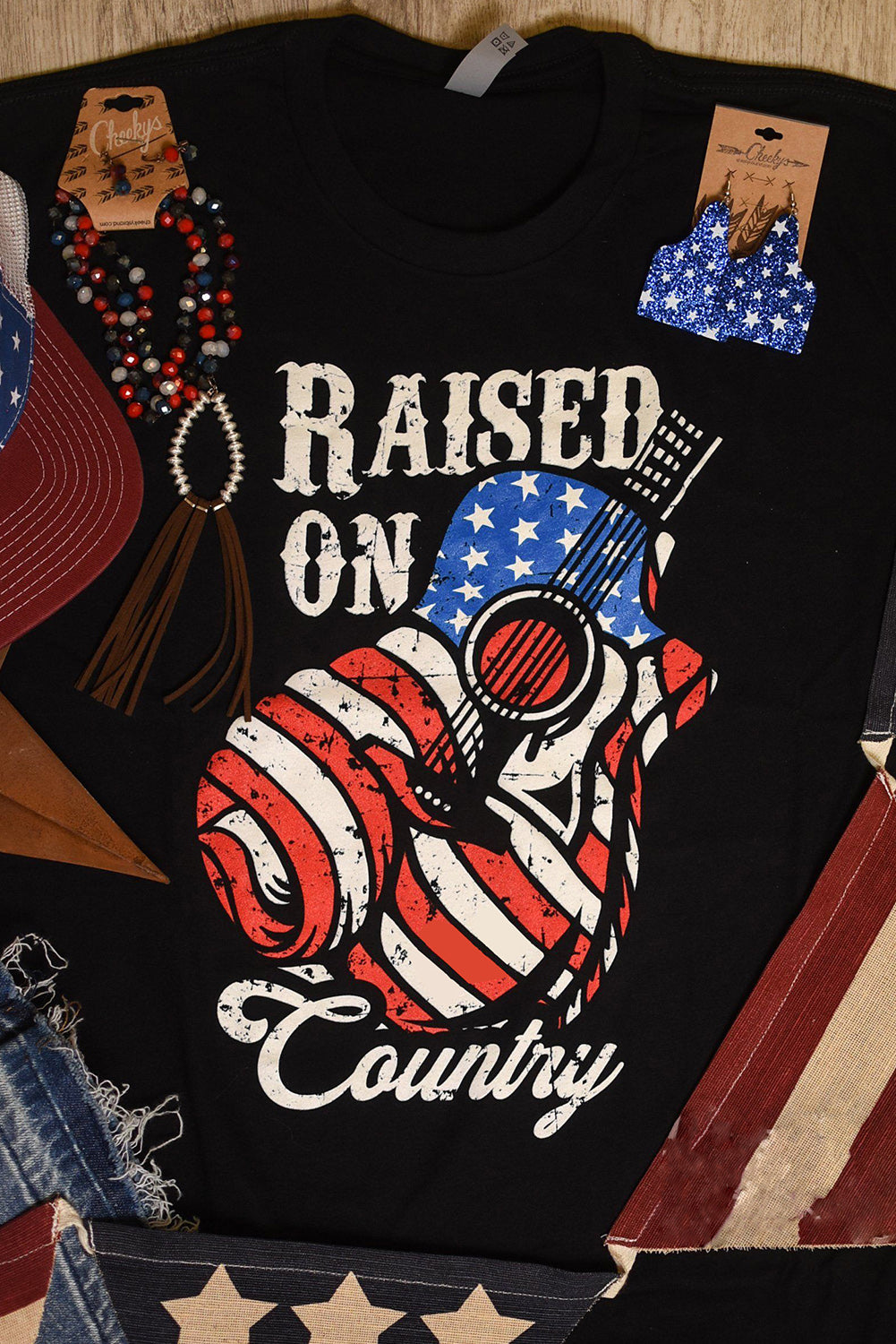 Black Raised On Country USA Flag Guitar Graphic Tee