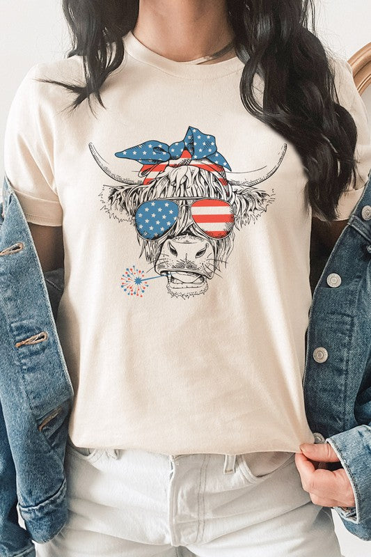 Patriotic Highland Cow American Flag Graphic Tee