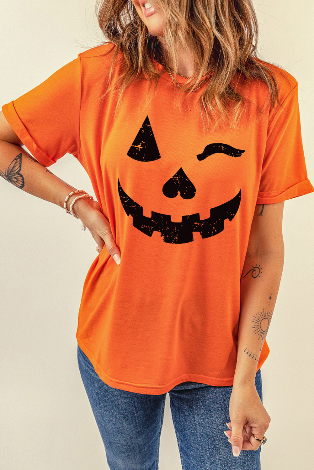 Orange Halloween Pumpkin Face Print Crew Neck T Shirt