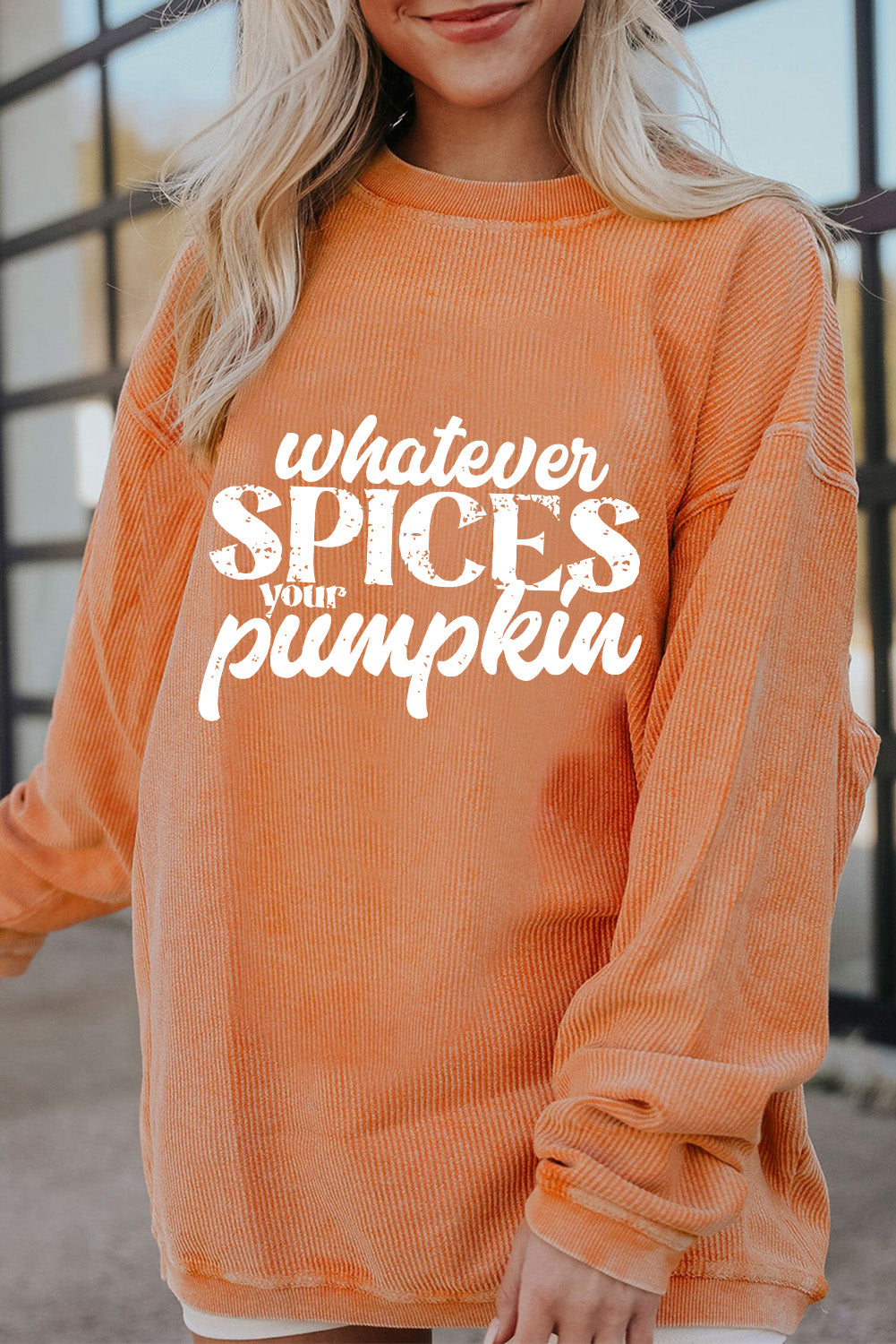 Orange Crinkle Rib Whatever Spices Your Pumpkin Graphic Sweatshirt