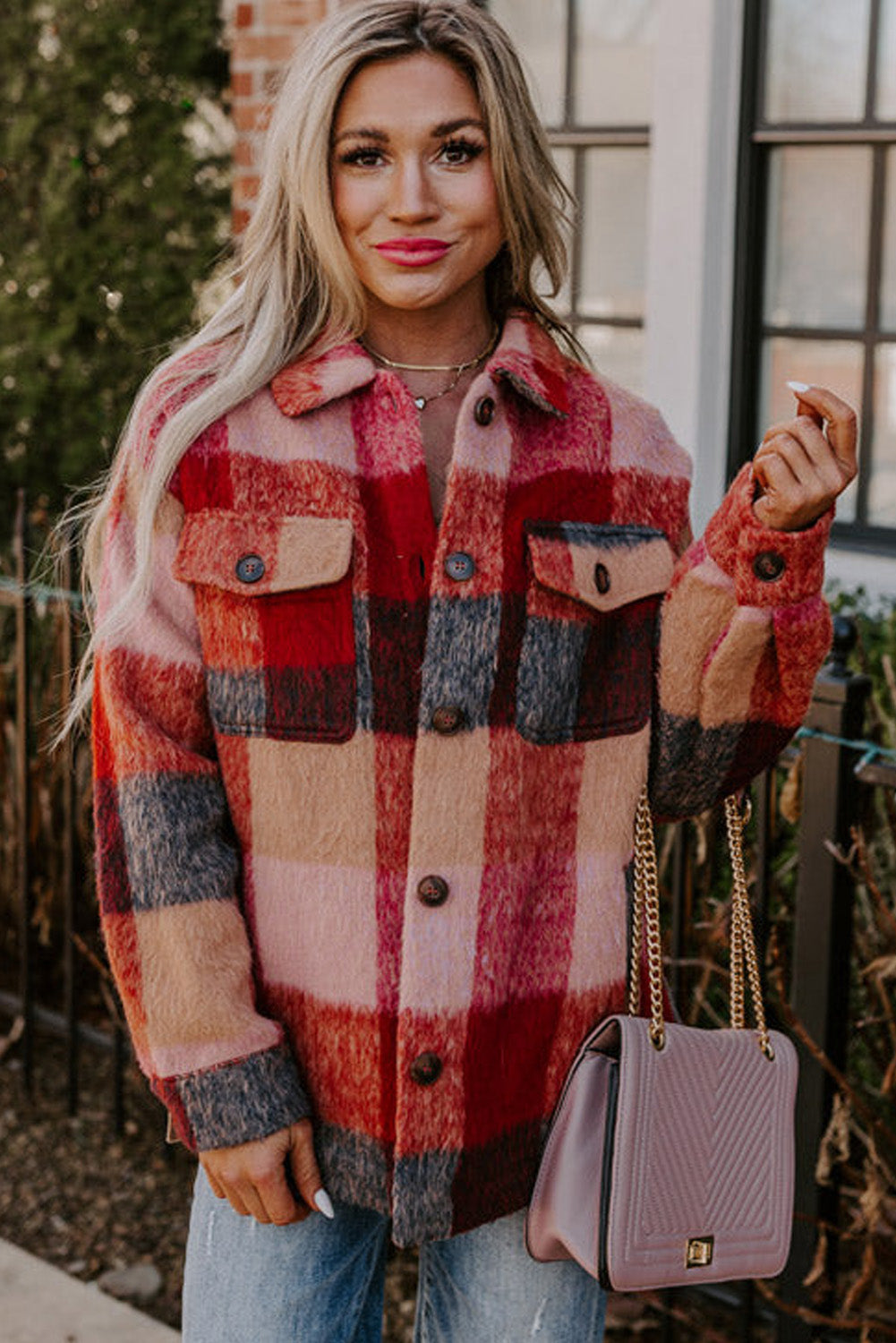 Orange Plaid Print Flap Pockets Buttoned Casual Plus Size Jacket