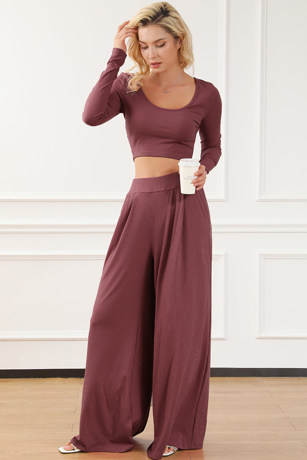 Solid Color Ribbed Crop Top Long Pants Set